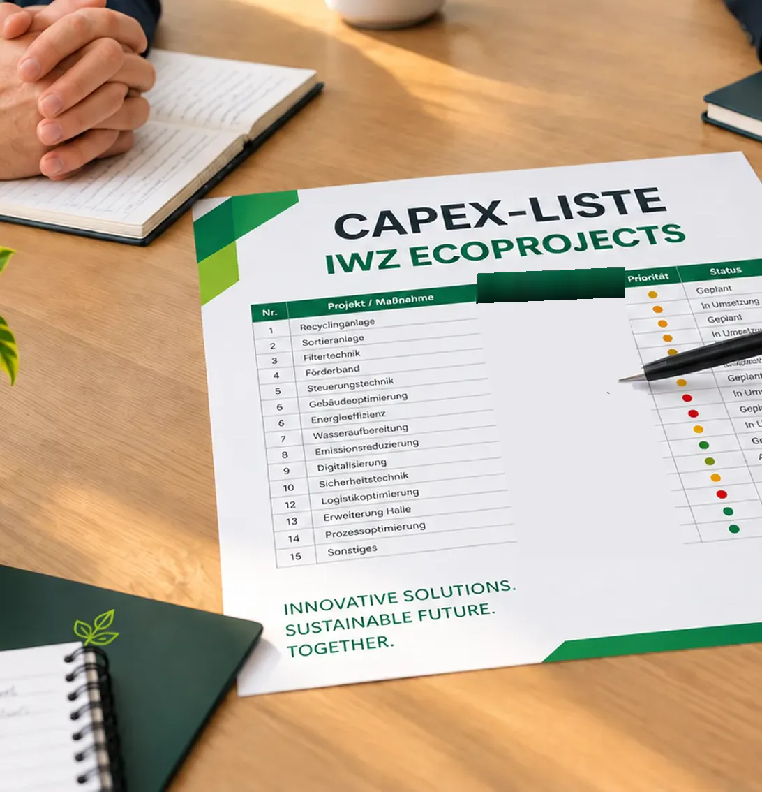 Besprechung mit CAPEX-Liste: Investitionen und Prioritaeten einer geplanten Recyclinganlage