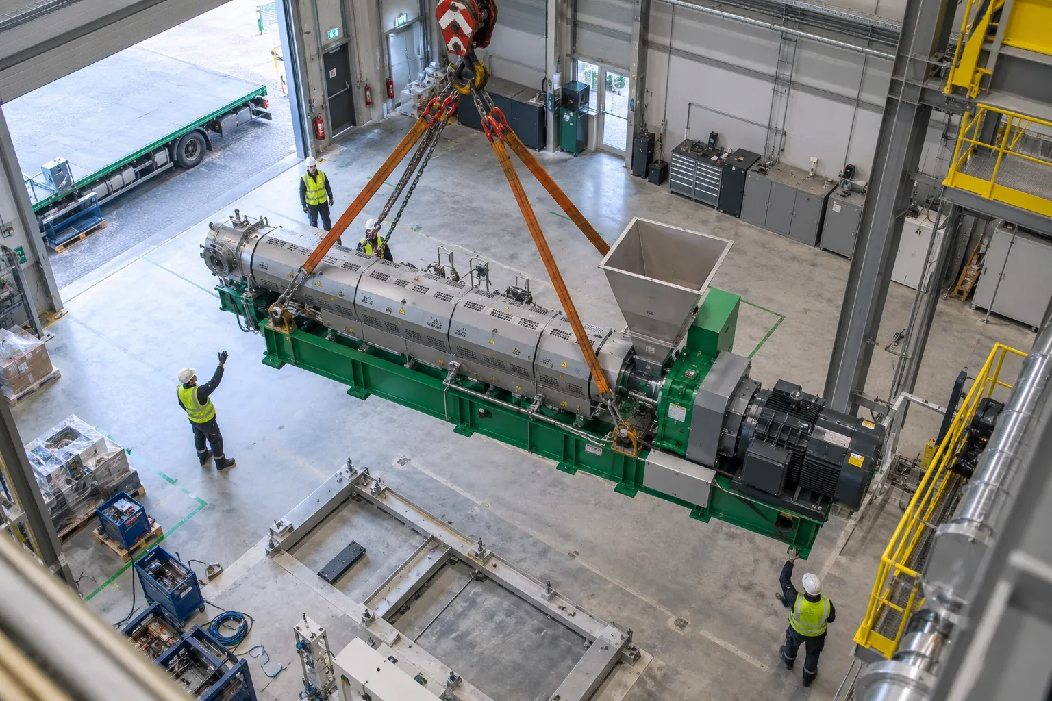 Einhub eines Extruders in eine Kunststoffrecyclinganlage von IWZ ecoprojects